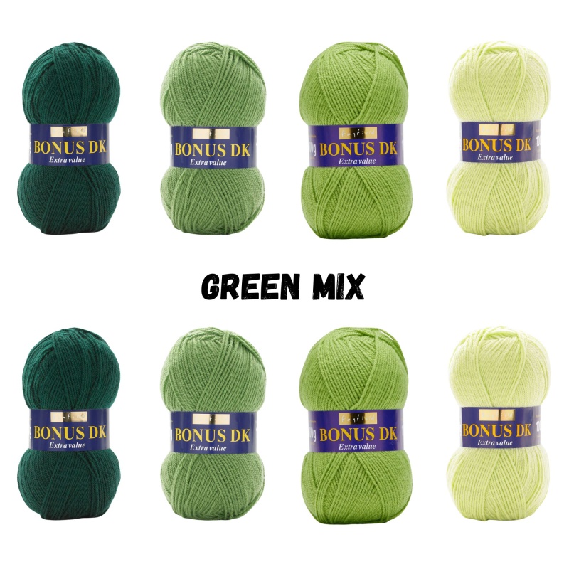 Green Mix Pack Hayfield Bonus DK Yarn Sirdar 100g - 8 Ball Bundle